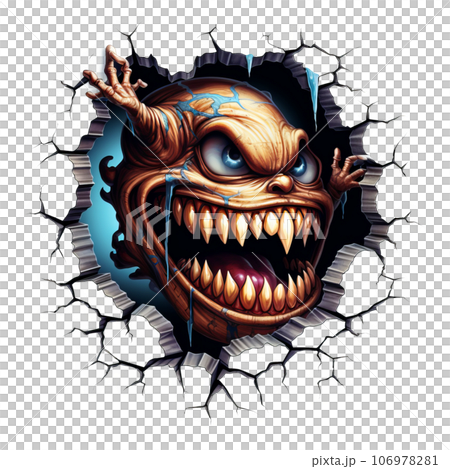 Halloween Monster Coming Out Of Hole Crack In Wall clipart designs isolated on Transparent Background. 106978281
