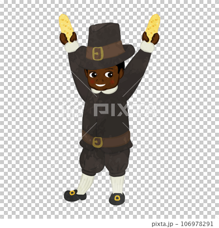 Boy B wearing a pilgrim costume and holding corn 106978291