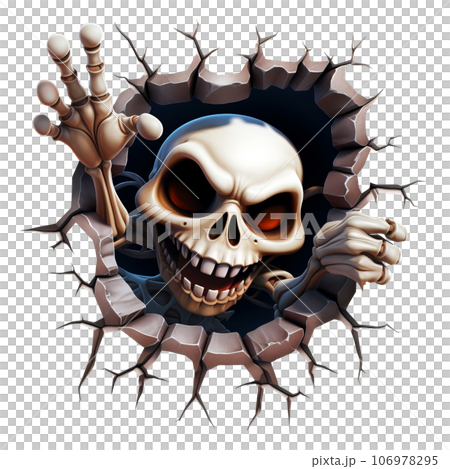 Halloween Skeleton Coming Out Of Hole Crack In Wall clipart designs isolated on Transparent Background. Halloween Skeleton Coming Out Of Hole Crack In Wall clipart designs isolated on Transparent Background. 106978295