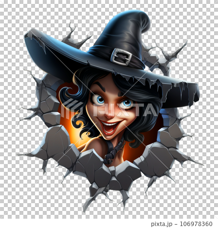 Halloween Witch Coming Out Of Hole Crack In Wall clipart designs isolated on Transparent Background. Halloween Witch Coming Out Of Hole Crack In Wall clipart designs isolated on Transparent Background. 106978360