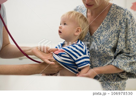 Infant baby boy child being examined by his pediatrician doctor during a standard medical checkup in presence and comfort of his mother. National public health and childs care care koncept 106978530