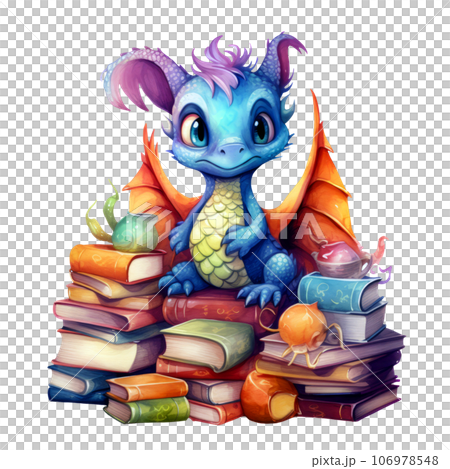 Cute dragon protecting stacks of book clipart isolated on Transparent Background 106978548