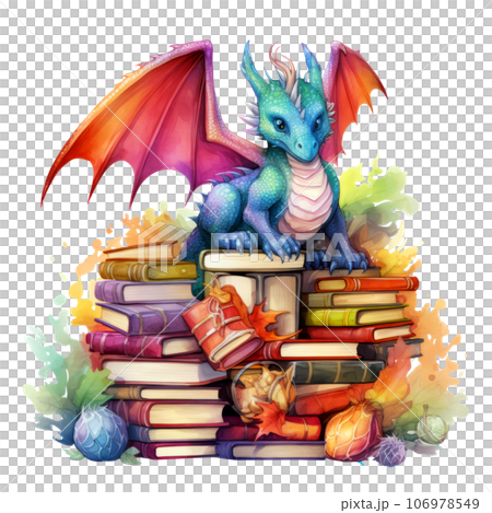 Cute dragon protecting stacks of book clipart isolated on Transparent Background 106978549