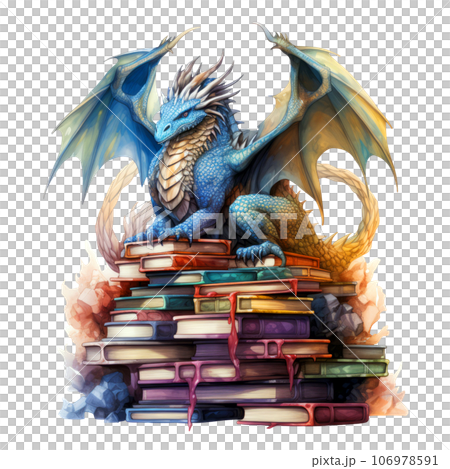 Watercolor Dragon Guarding Stack of books Clipart isolated on Transparent Background 106978591