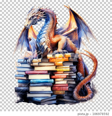 Watercolor Dragon Guarding Stack of books Clipart isolated on Transparent Background 106978592