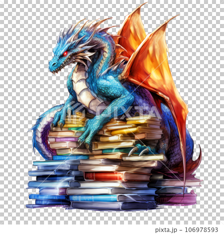 Watercolor Dragon Guarding Stack of books Clipart isolated on Transparent Background 106978593
