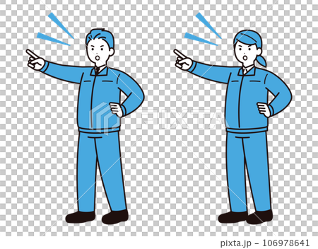 A man and a woman in work clothes pointing and checking 106978641