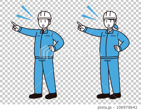 穿著工作服的男女指點和檢查，戴著頭盔 106978642