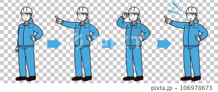 A woman in work clothes pointing and checking, pointing and calling, pointing and calling, helmet 106978673