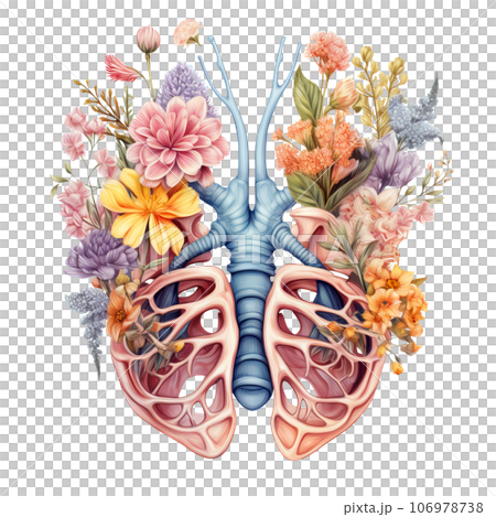 Watercolor Human Lungs Anatomy filled with flowers Pastel Color Clipart isolated on Transparent Background. 106978738