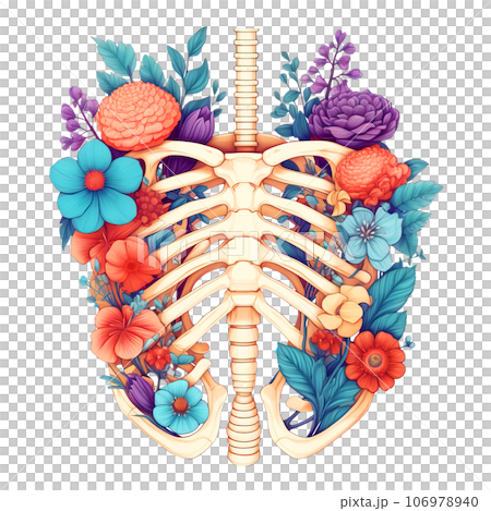 Watercolor Human Ribcage Anatomy filled with flowers Pastel Color Clipart isolated on Transparent Background. 106978940
