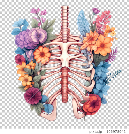 Watercolor Human Ribcage Anatomy filled with flowers Pastel Color Clipart isolated on Transparent Background. 106978941