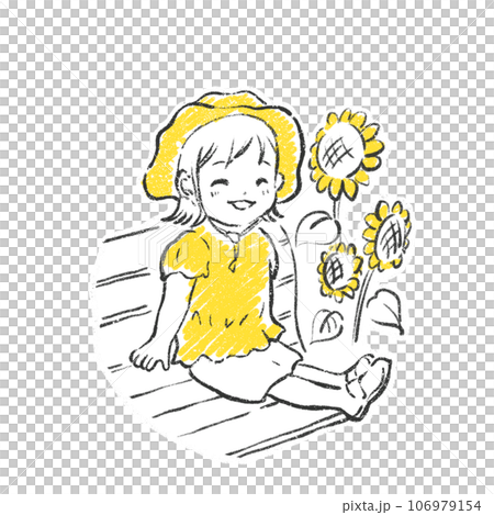 一個女孩坐在長凳上笑的插圖 106979154