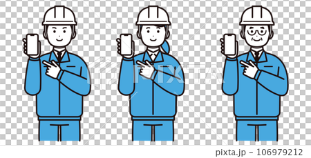 Men and women wearing work clothes and holding smartphones, young people, middle-aged people, helmets 106979212
