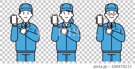 Men and women wearing work clothes and holding smartphones, young people, middle-aged people, hats 106979213