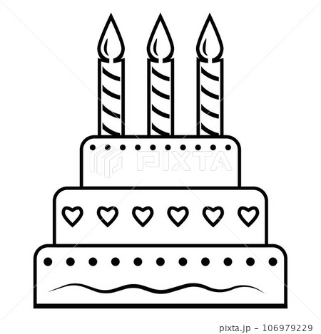 Cake with candles, sweet festive dessert, black outline, doodle style 106979229