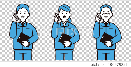 A man and a woman wearing work clothes and talking on the phone, a young man, a middle-aged man, a site supervisor 106979231
