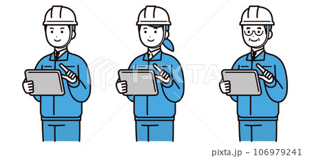 作業着を着てタブレットを操作する男性と女性 若者 中年 ヘルメット 作業着を着てタブレットを操作する男性と女性 若者 中年 ヘルメット 106979241