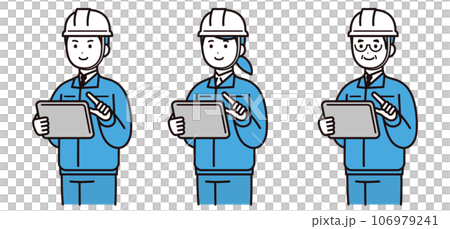 作業着を着てタブレットを操作する男性と女性 若者 中年 ヘルメット 作業着を着てタブレットを操作する男性と女性 若者 中年 ヘルメット 106979241