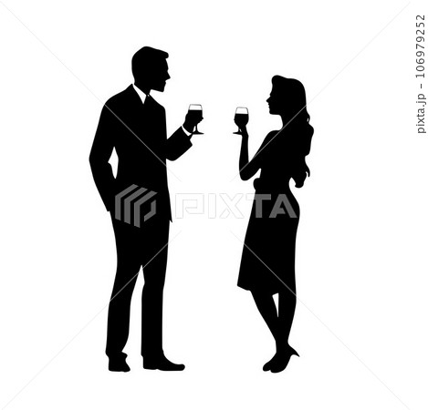 Man and woman drinking wine together silhouette 106979252