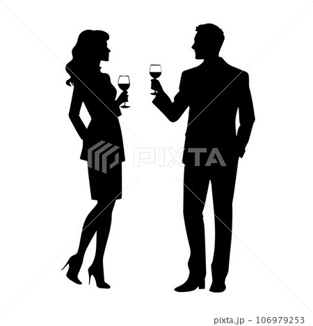 Man and woman drinking wine together silhouette 106979253