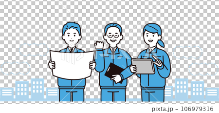 A team of three smiling men and women wearing work clothes 106979316