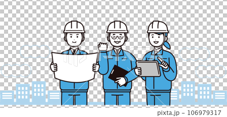 A team of three smiling men and women wearing work clothes and helmets 106979317