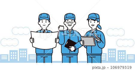 作業着を着た笑顔の3人の男女のチーム　帽子 106979319