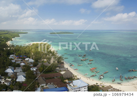 Drone shot of wooden fisherman boats at Kendwa village 106979434