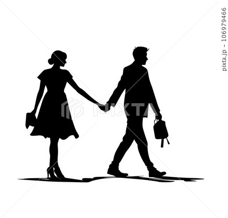 Couple holding hands walking together. Couple loving people silhouettes 106979466