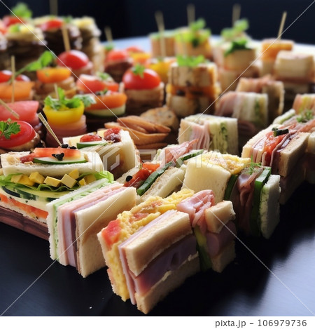 canapes of cheese vegetables meat and seafood on white background canapes of cheese vegetables meat and seafood on white background 106979736