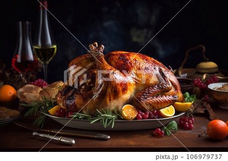 Roasted turkey with cranberries and oranges on a dark background 106979737
