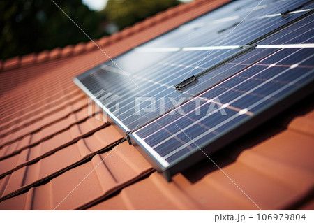 Solar panels on the roof of a small house. 106979804