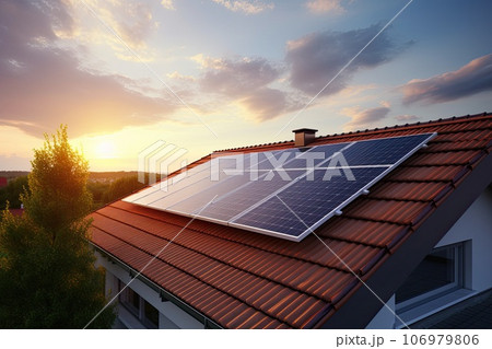 Solar panels on the roof of a small house. 106979806