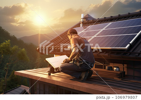 Solar panels on the roof of a small house. 106979807