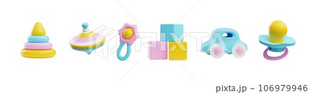 Realistic 3d different toys baby set include of pyramid, rattle, cubes, machine, spinning top vector newborn entertain 106979946