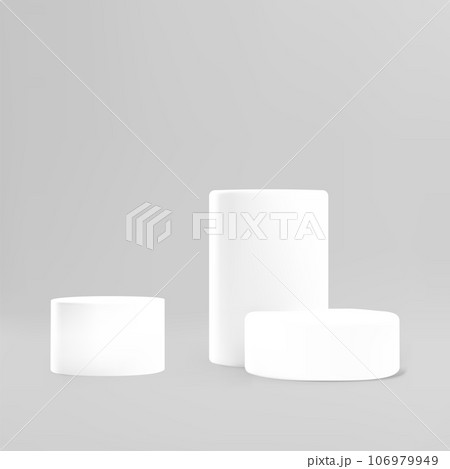 3D white podium stands, three circle pedestals, cylinders, vector volumetric scene mockup for product stage showcase 3D white podium stands, three circle pedestals, cylinders, vector volumetric scene mockup for product stage showcase 106979949