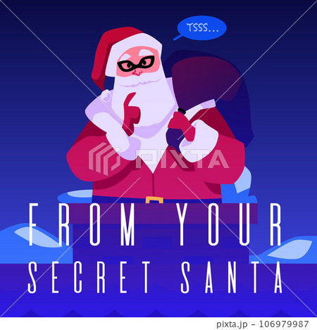 Secret santa with gift bag in mask in chimney on the roof, vector Santa Claus delivering present, happy new year poster Secret santa with gift bag in mask in chimney on the roof, vector Santa Claus delivering present, happy new year poster 106979987