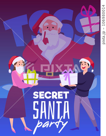 Secret Santa Party Caricature Drôle Personnage De Santa Avec Boîte Présente  Sur Le Toit Affiche Festive