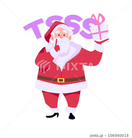Santa Claus with gifts box showing to be silent gesture and say tsss, vector illustration merry christmas happy new year 106980018