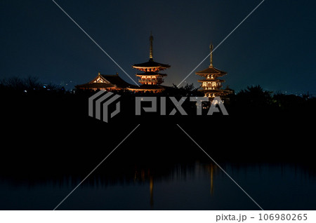 勝間田池の夜景、薬師寺のライトアップ 勝間田池の夜景、薬師寺のライトアップ 106980265