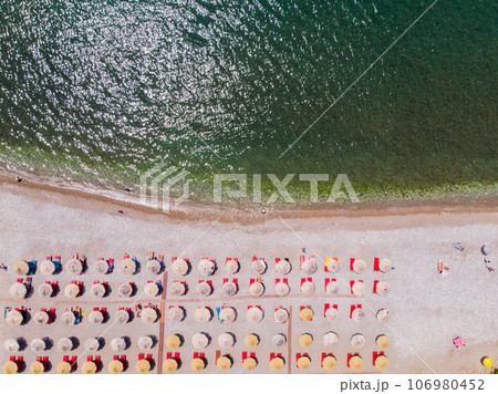 Aerial photographs. View from flying drone. Birds-eye view of beach in Montenegro. Top view 106980452