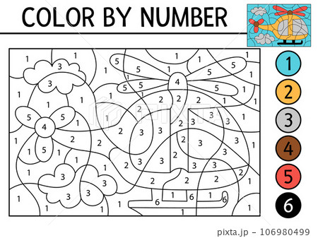 Vector transportation color by number activity with helicopter flying in the sky. Air transport scene. Black and white counting game with chopper. Coloring page for kids with aircraft 106980499