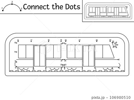Vector dot-to-dot and color activity with underground train. Transportation connect the dots game for children with funny subway. Transport coloring page for kids. Printable worksheet 106980510