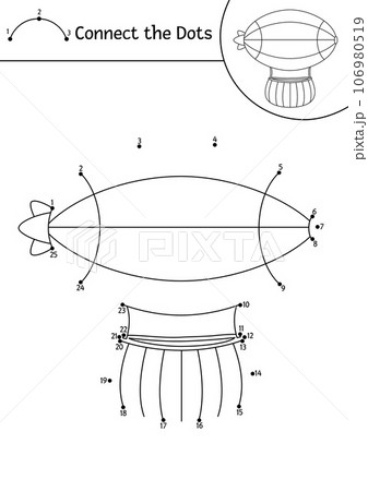 Vector dot-to-dot and color activity with cute zeppelin. Transportation connect the dots game for children with funny airship. Air transport coloring page for kids. Printable worksheet 106980519