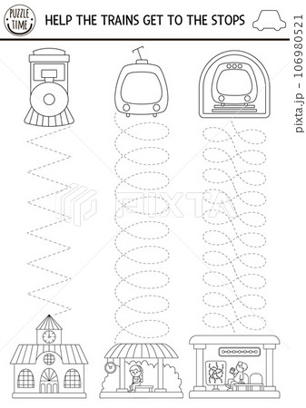 Vector transportation handwriting practice worksheet. Railroad transport printable black and white activity for kids. Tracing game for writing skills. Coloring page with train, engine, metro Vector transportation handwriting practice worksheet. Railroad transport printable black and white activity for kids. Tracing game for writing skills. Coloring page with train, engine, metro 106980521