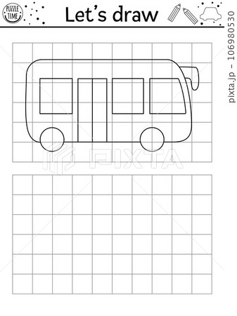 Draw the bus. Vector transport drawing practice worksheet. Printable black and white activity for kids with public vehicle. Transportation copy or complete the picture coloring page 106980530