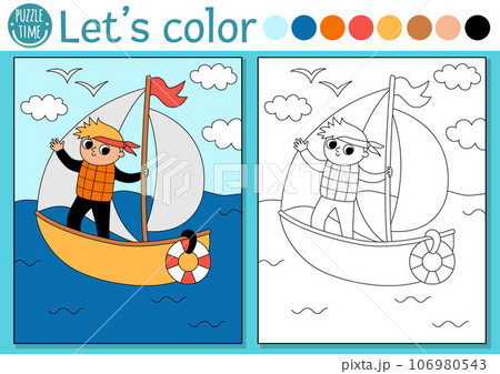 Transportation coloring page for children with sailboat and sailor. Vector water transport outline illustration. Color book for kids with colored example. Drawing skills printable worksheet Transportation coloring page for children with sailboat and sailor. Vector water transport outline illustration. Color book for kids with colored example. Drawing skills printable worksheet 106980543