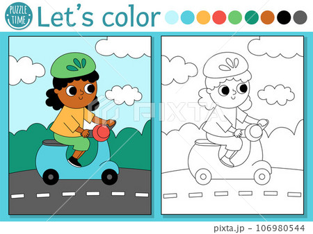 Transportation coloring page for children with girl on a scooter. Vector water transport outline illustration. Color book for kids with colored example. Drawing skills printable worksheet Transportation coloring page for children with girl on a scooter. Vector water transport outline illustration. Color book for kids with colored example. Drawing skills printable worksheet 106980544