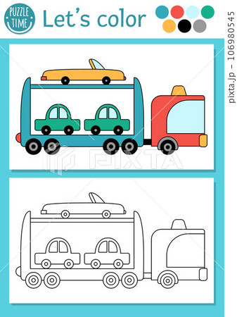 Transportation coloring page for children with tow truck. Vector water transport outline illustration. Color book for kids with colored example. Drawing skills printable worksheet Transportation coloring page for children with tow truck. Vector water transport outline illustration. Color book for kids with colored example. Drawing skills printable worksheet 106980545